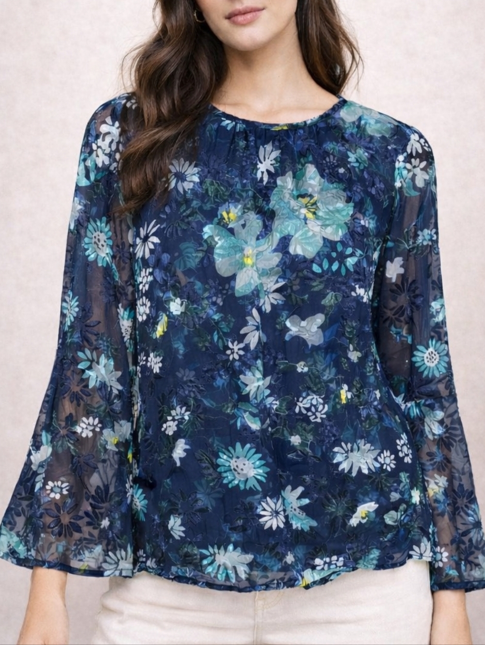 LOFT Winter Garden Floral Sheer Mesh Long Sleeve Peasant Blouse Blue Size XXS